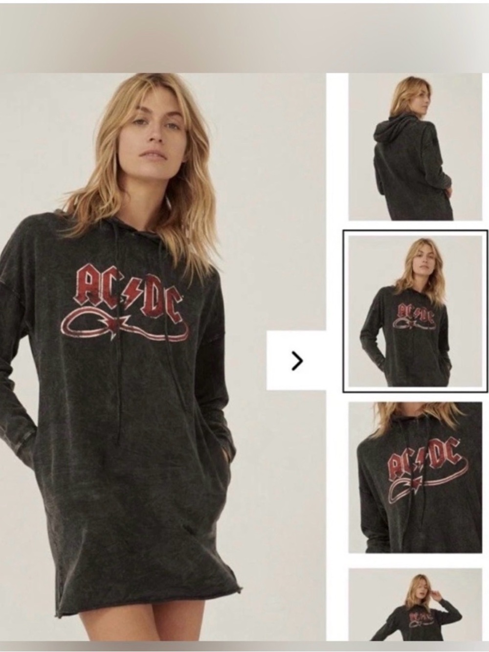 Mineral Wash AC/DC Hooded Long-Sleeve Pullover Dress